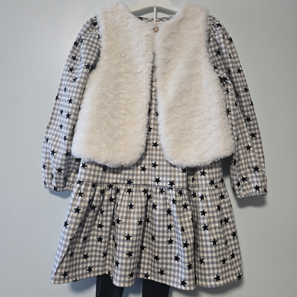 Cat & Jack Gray and White Checkered Star Print 3-Pc Dress, Vest, Tights Size 5T - Picture 3 of 15